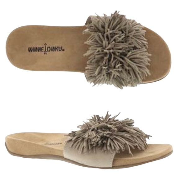 Minnetonka Shoes - 🤎Minnetonka "Tinsely" Pom Fringe Natural Stone Slide-On Sandals🤎